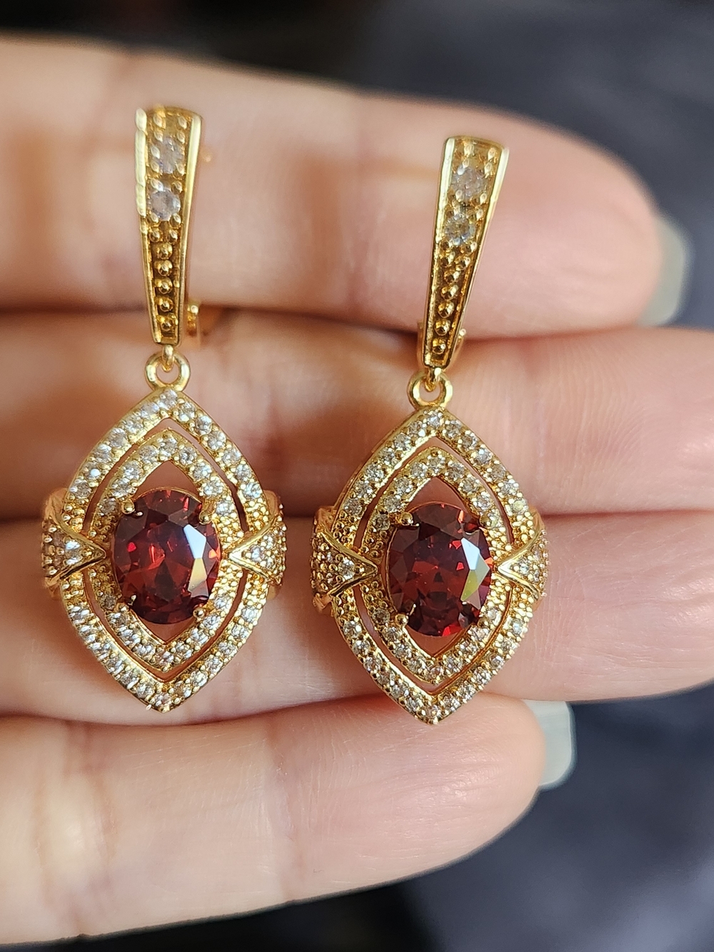 New 18K Gold Plated Oval Cut Ruby Diamond Dangle Drop Hoop Earrings for Women